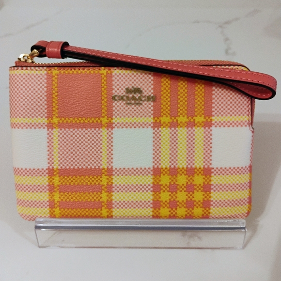 NWT Coach Plaid Zip Wristlet - Pink Yellow & White w/GHW